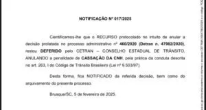Notificação de cassação da CNH