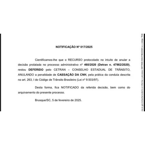 Notificação de recurso deferido anulando cassação da CNH